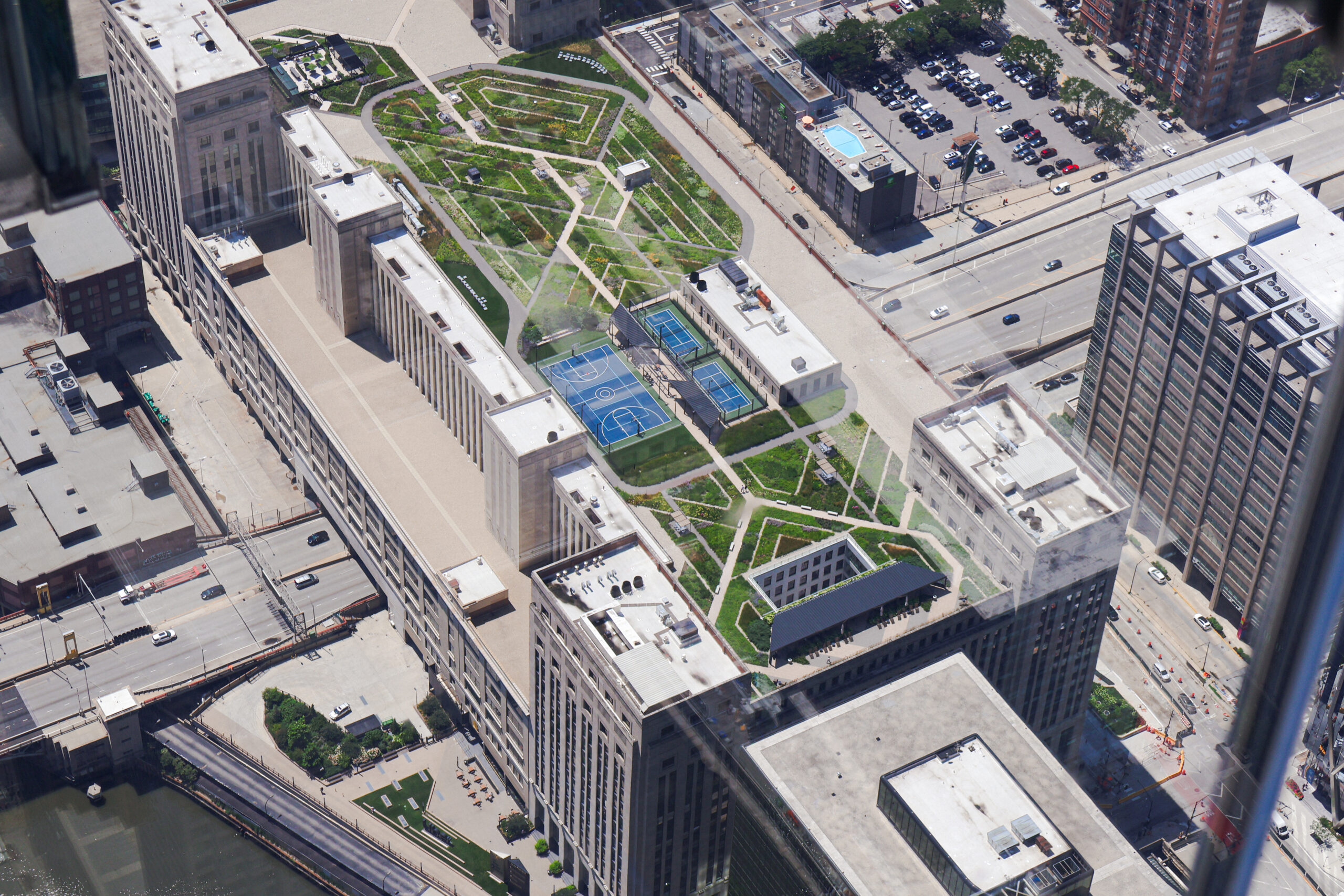 View from Willis Tower looking at a rooftop basketball and tennis court