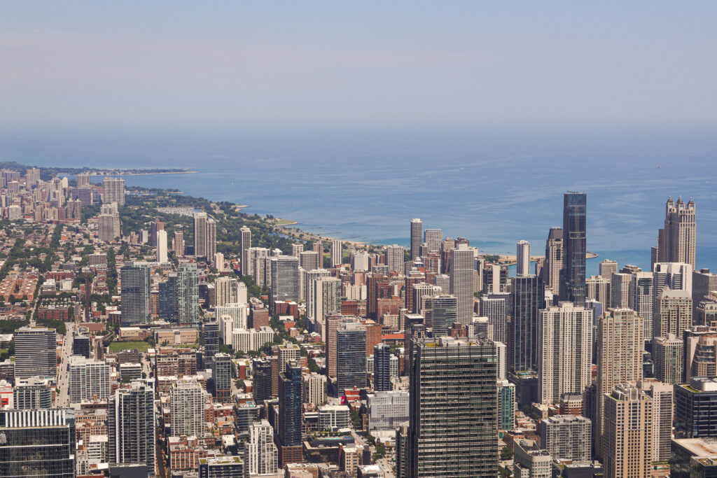 View from Willis Tower looking at skyscrapers and Lake Michigan