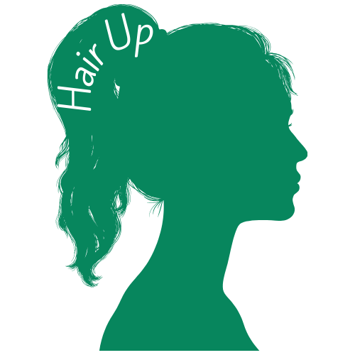 Side profile of a girl with her hair in a pony tail and the text "Hair Up" over the pony tail