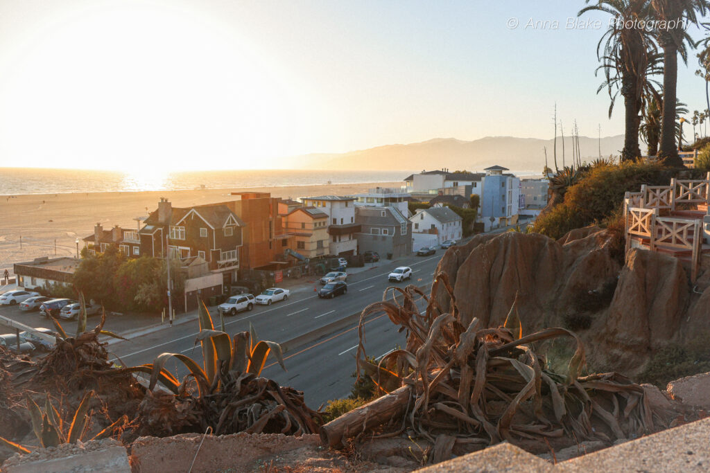 View looking across the highway across Santa Monica Pier.
